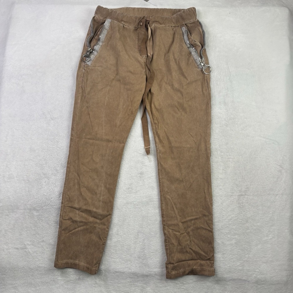 Bella Amore Brown Viscose Pants Elastic Waist Women's L/XL Broken Zipper